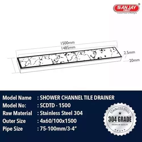 Sanjay Chilly Tile Insert Shower Drain Channel Silver Side Hole 100 x 1500 mm, SCDTD-1500