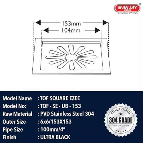 Sanjay Chilly Tof Square Ezee Floor Drainer Ultra Black 153 x 153 mm, TOF-SE-UB-153
