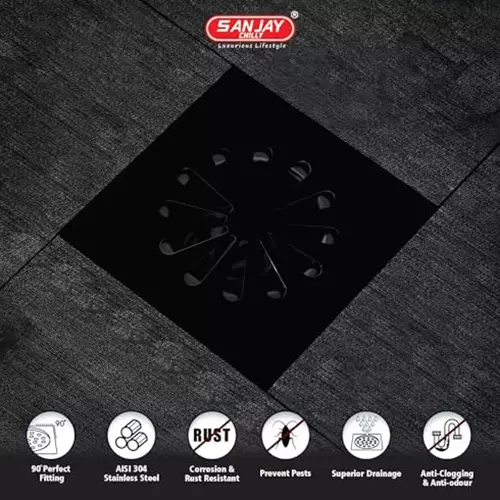 Sanjay Chilly Tof Square Ezee Floor Drainer Ultra Black 153 x 153 mm, TOF-SE-UB-153