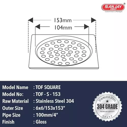 Sanjay Chilly Tof Square Floor Drainer Silver 153 x 153 mm, TOF-S-153