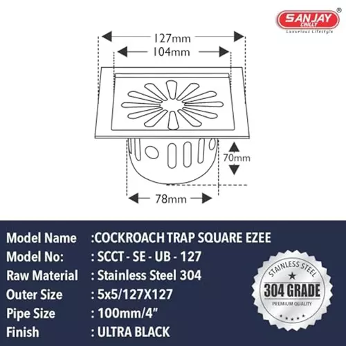 Sanjay Chilly Square Ezee Floor Drainer With Cockroach Trap Ultra Black 127 x 127 mm, SCCT-SE-UB-127