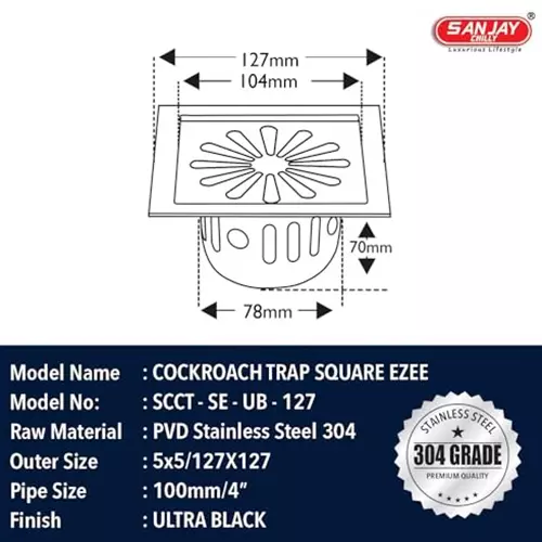 Sanjay Chilly Square Ezee Floor Drainer With Cockroach Trap Ultra Black 127 x 127 mm, SCCT-SE-UB-127