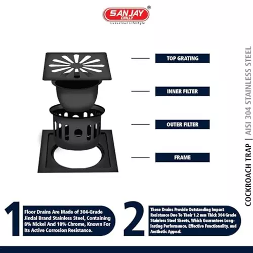 Sanjay Chilly Square Ezee Floor Drainer With Cockroach Trap Ultra Black 127 x 127 mm, SCCT-SE-UB-127