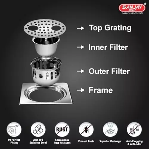 Sanjay Chilly Square Double Gypsy Floor Drainer With Cockroach Trap Silver 127 x 127 mm, SCCT-SDG-127