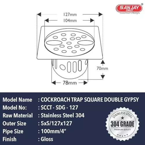 Sanjay Chilly Square Double Gypsy Floor Drainer With Cockroach Trap Silver 127 x 127 mm, SCCT-SDG-127