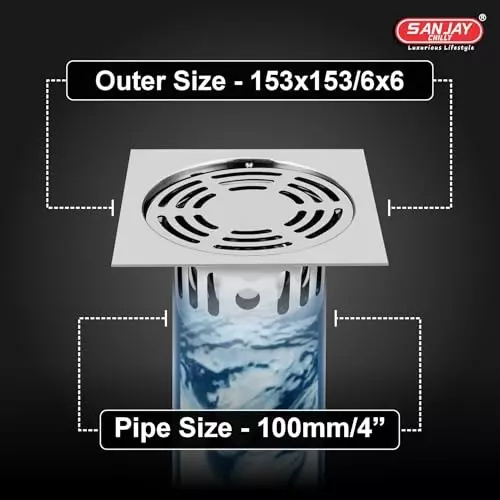 Sanjay Chilly Square Ringo Floor Drainer with Cockroach Trap Sliver 153 x 153 mm, ‎SCCT-SR-153