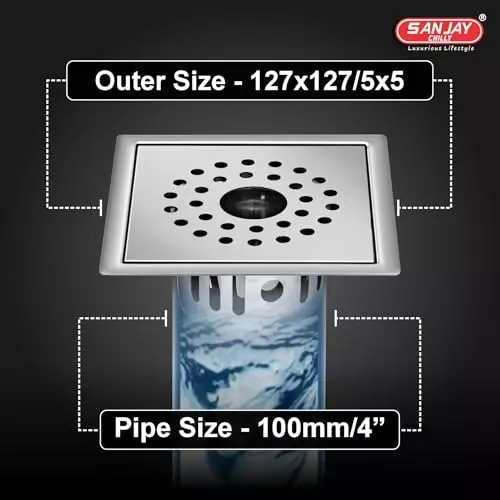 Sanjay Chilly Square Gypsy Golden Floor Drainer with Cockroach Trap and Pipe Hole Silver 127 x 127 mm, ‎SCCT-SG-GS-127