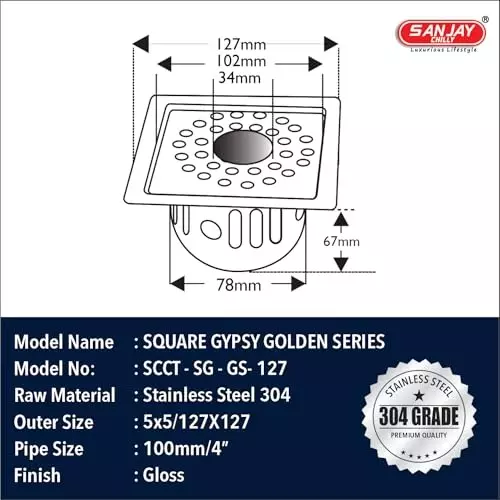 Sanjay Chilly Square Gypsy Golden Floor Drainer with Cockroach Trap and Pipe Hole Silver 127 x 127 mm, ‎SCCT-SG-GS-127
