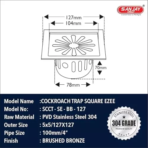 Sanjay Chilly Square Ezee Floor Drainer with Cockroach Trap Brown 127 x 127 mm, SCCT-SE-BB-127