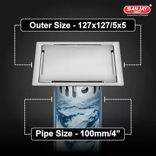 Sanjay Chilly Square Clean Line Golden Floor Drainer with Cockroach Trap Silver 127 x 127 mm, ‎SCCT-SCL-GS-127