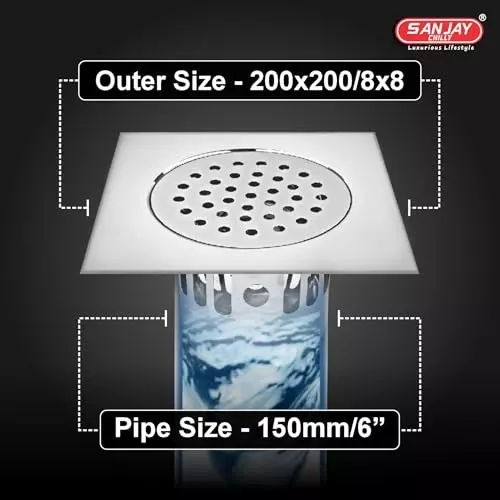 Sanjay Chilly Square Floor Drainer with Cockroach Trap Silver 200 x 200 mm, ‎SCCT-S-200