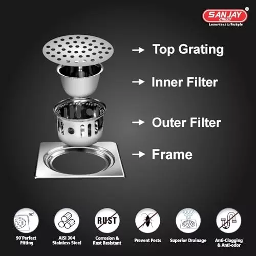 Sanjay Chilly Square Floor Drainer with Cockroach Trap Silver 200 x 200 mm, ‎SCCT-S-200