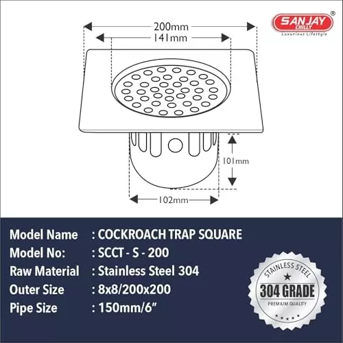 Sanjay Chilly Square Floor Drainer with Cockroach Trap Silver 200 x 200 mm, ‎SCCT-S-200