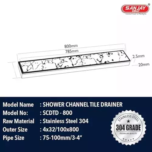 Sanjay Chilly Marble Shower Drain Channel Silver Center Hole 100 x 800 mm, SCDTD-CH-800