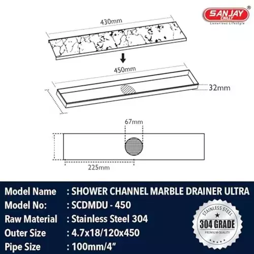 Sanjay Chilly Tile Insert Shower Drain Channel Silver Center Hole 100 x 450 mm, SCDTD-CH-450