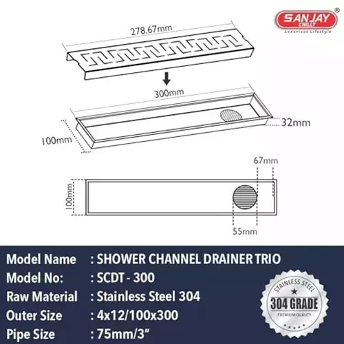 sanjay-chilly-trio-shower-drainer-channel-silver-side-hole-1016-x-3048-mm-scdt-300