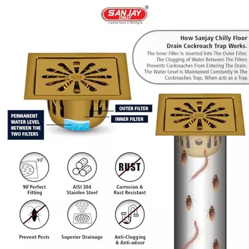 Sanjay Chilly Square Ezee Floor Drainer With Cockroach Trap Pure Gold 127 x 127 mm, SCCT-SE-PG-127