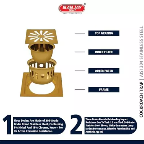 Sanjay Chilly Square Ezee Floor Drainer With Cockroach Trap Pure Gold 127 x 127 mm, SCCT-SE-PG-127
