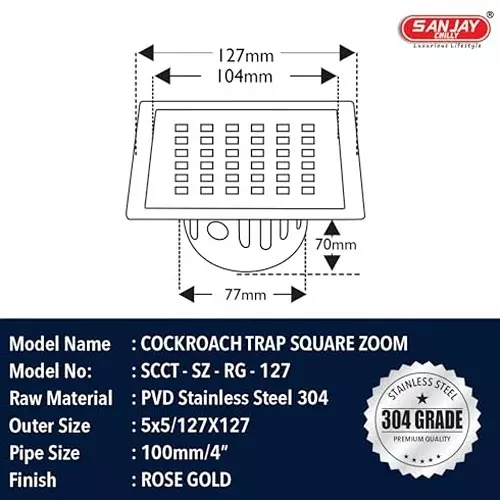 Sanjay Chilly Square Floor Drain Cover With Cockroach Trap Rose Gold 127 x 127 mm (‎5 x 5 inch), SCCT Square zoom-RG