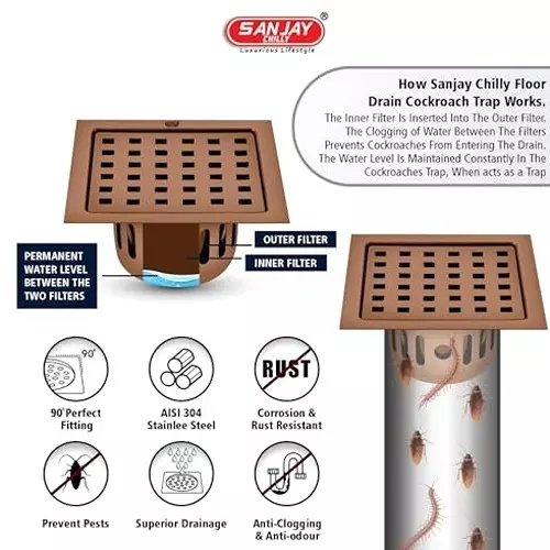 Sanjay Chilly Square Floor Drain Cover With Cockroach Trap Rose Gold 127 x 127 mm (‎5 x 5 inch), SCCT Square zoom-RG