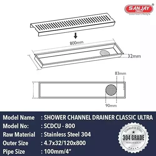 Sanjay Chilly Classic Ultra Shower Drain Channel 120x800 mm (‎4.7 x 32 inch), ‎SCDCU-800-SH