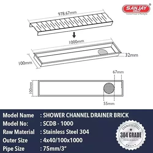 Sanjay Chilly Shower Drain Channel Silver 100x1000 mm (‎4 x 40 inch), ‎SCDB-1000