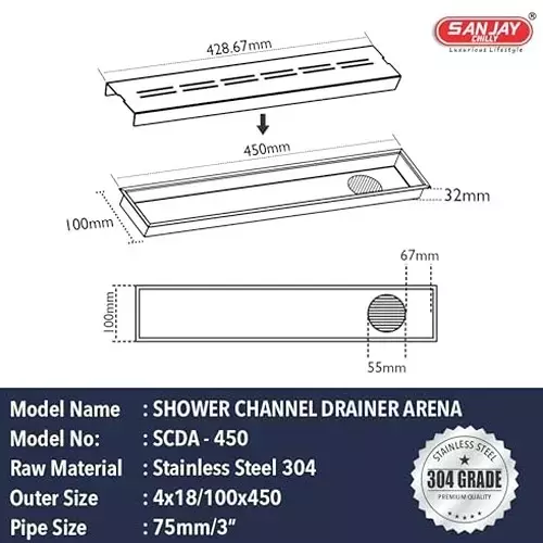 Sanjay Chilly Shower Drain Channel Silver 100x450 mm (‎4 x 18 inch), ‎SCDA-450