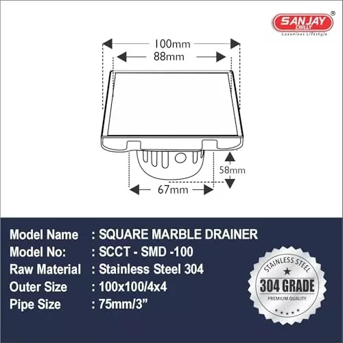 Sanjay Chilly Square Marble Floor Drainer with Cockroach Trap Silver 101 x 101 mm, ‎SCCT-STD-100