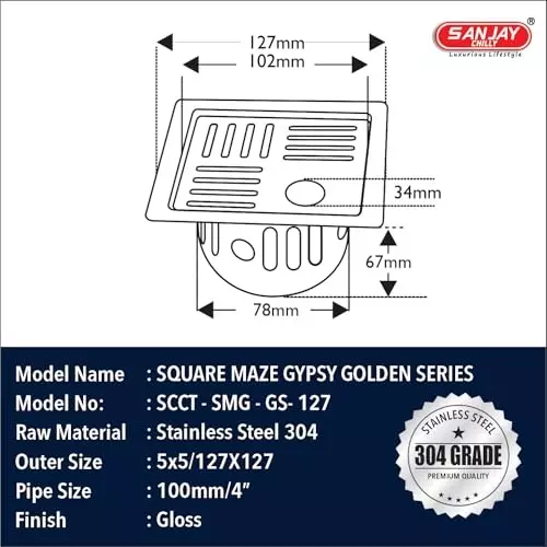 Sanjay Chilly Square Maze Gypsy Golden Floor Drainer with Cockroach Trap and Pipe Hole Silver 127 x 127 mm, ‎SCCT-SMG-GS-127