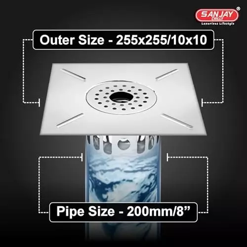 Sanjay Chilly Square Gypsy Floor Drainer with Cockroach Trap and Pipe Hole Silver 255 x 255 mm, ‎SCCT-SG-255