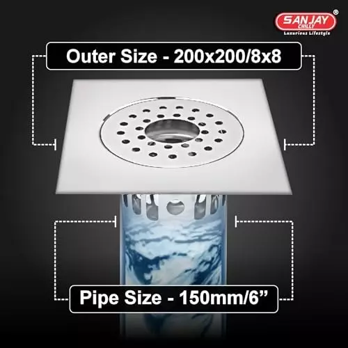 Sanjay Chilly Square Gypsy Floor Drainer with Cockroach Trap and Pipe Hole Silver 200 x 200 mm, ‎SCCT-SG-200