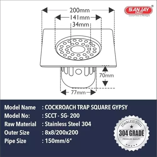 Sanjay Chilly Square Gypsy Floor Drainer with Cockroach Trap and Pipe Hole Silver 200 x 200 mm, ‎SCCT-SG-200