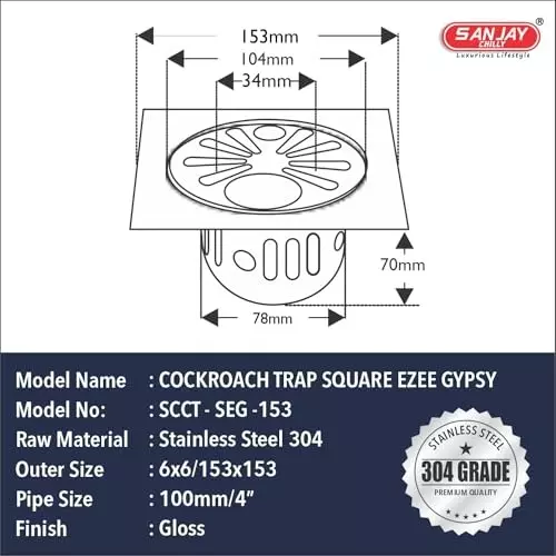 Sanjay Chilly Square Ezee Gypsy Floor Drainer with Cockroach Trap and Pipe Hole Sliver 153 x 153 mm, ‎SCCT-SEG-153