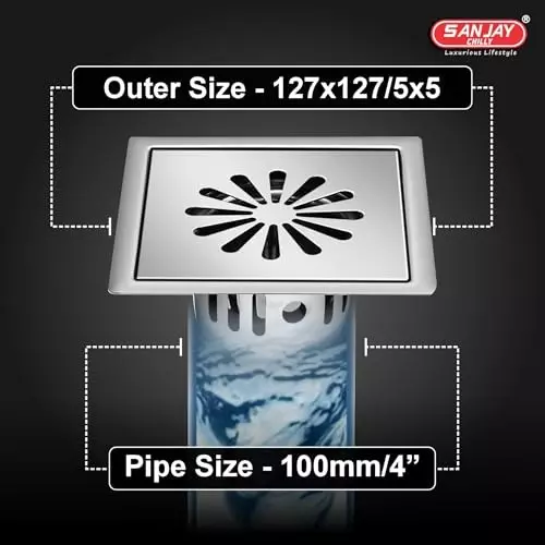 Sanjay Chilly Square Ezee Floor Drainer with Cockroach Trap Silver 127 x 127 mm, SCCT-SE-GS-127