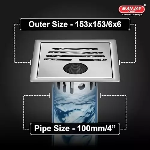 Sanjay Chilly Square Classic Gypsy Golden Floor Drainer with Cockroach Trap and Pipe Hole Silver 153 x 153 mm, ‎SCCT-SCG-GS-153