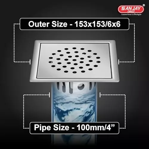 Sanjay Chilly Square Golden Floor Drainer with Cockroach Trap Silver 153 x 153 mm, ‎SCCT-S-GS-153