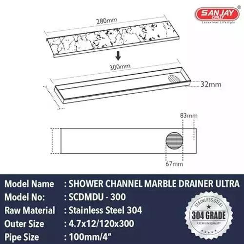 Sanjay Chilly Vertical Shower Drain Channel Silver Side Hole 100 x 300 mm, SCDTD-300