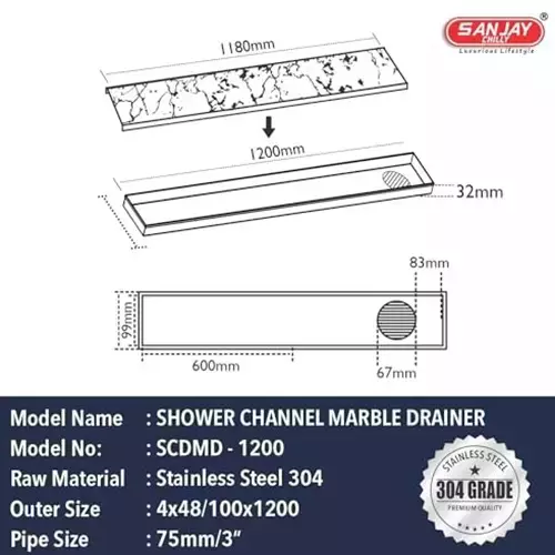 Sanjay Chilly Tile Insert Shower Drain Channel Silver Side Hole 100 x 1200 mm, SCDTD-1200
