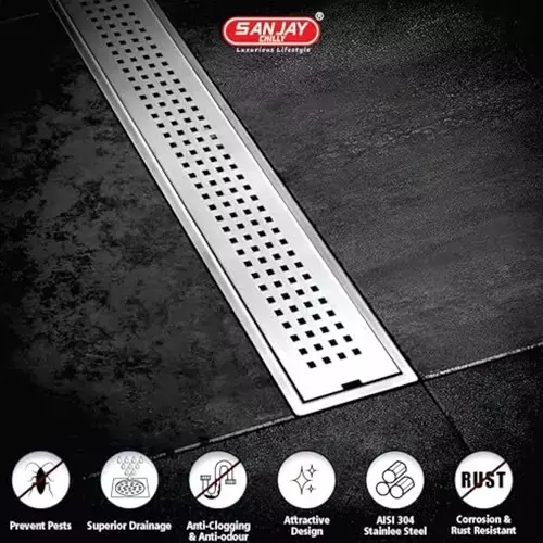 Sanjay Chilly Square Shower Drain Channel Silver Side Hole 100 x 900 mm, SCDSQ- 900