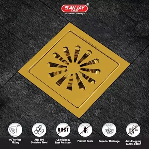 Sanjay Chilly Tof Square Ezee Floor Drainer Pure Gold 153 x 153 mm, TOF-SE-PG-153