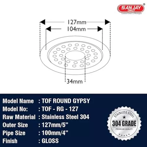 Sanjay Chilly Tof Round Gypsy Floor Drainer with Hole Silver 127 mm, TOF-RG-127