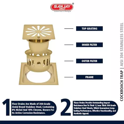 Sanjay Chilly Square Ezee Floor Drainer With Cockroach Trap French Gold 127 x 127 mm, SCCT-SE-FG-127