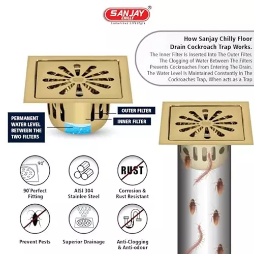 Sanjay Chilly Square Ezee Floor Drainer With Cockroach Trap French Gold 127 x 127 mm, SCCT-SE-FG-127