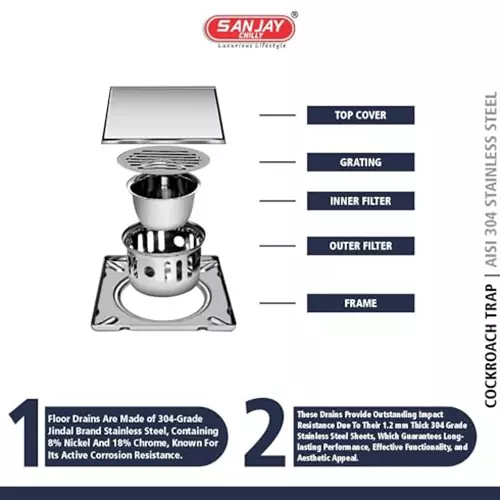 Sanjay Chilly Square Floor Tile Drainer With Cockroach Trap Silver 153 x 153 mm, SMD-150