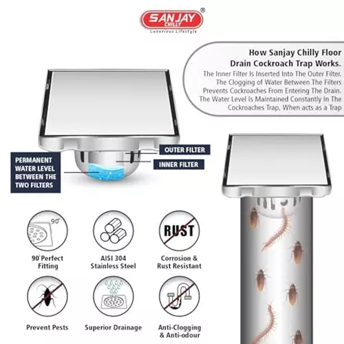 Sanjay Chilly Square Floor Tile Drainer With Cockroach Trap Silver 153 x 153 mm, SMD-150