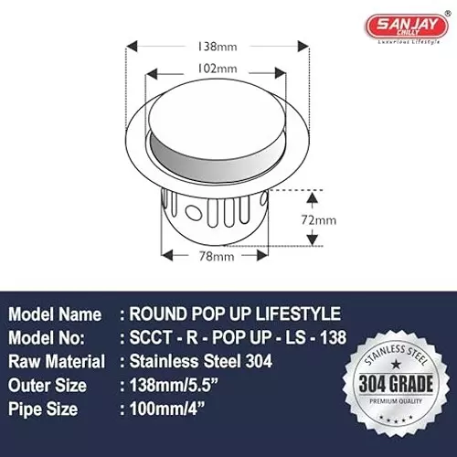Sanjay Chilly Pop Up Drain Drain With Cockroach Trap Silver 139.7 mm (‎5.5 inch), SCCT-R-POP UP-LS-138