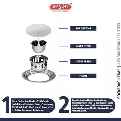 Sanjay Chilly Pop Up Drain Drain With Cockroach Trap Silver 139.7 mm (‎5.5 inch), SCCT-R-POP UP-LS-138