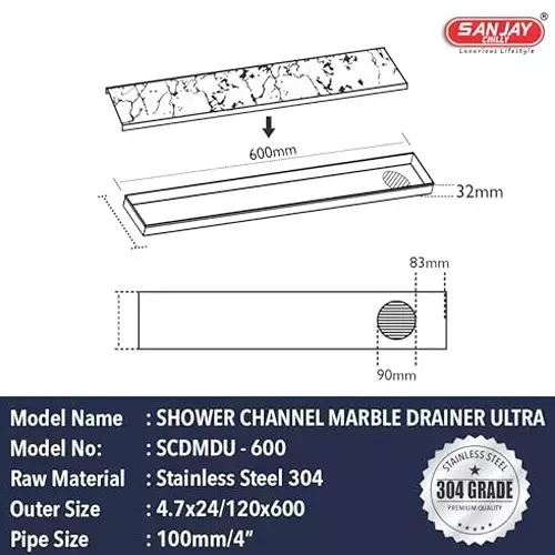 Sanjay Chilly Insert Shower Drain Channel 120x600 mm (‎4.7 x 24 inch), ‎SCDMDU-600-SH