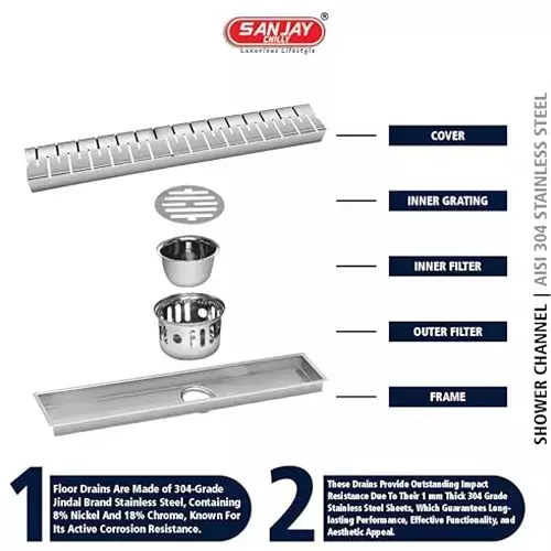 Sanjay Chilly Shower Drain Channel Silver 100x800 mm (‎4 x 32 inch), ‎SCDB-800
