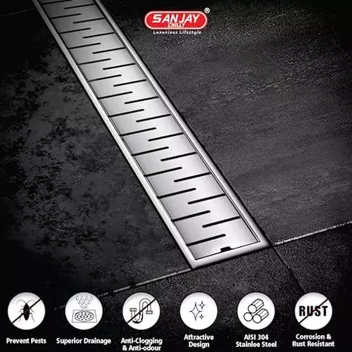 Sanjay Chilly Shower Drain Channel Silver 100x800 mm (‎4 x 32 inch), ‎SCDB-800
